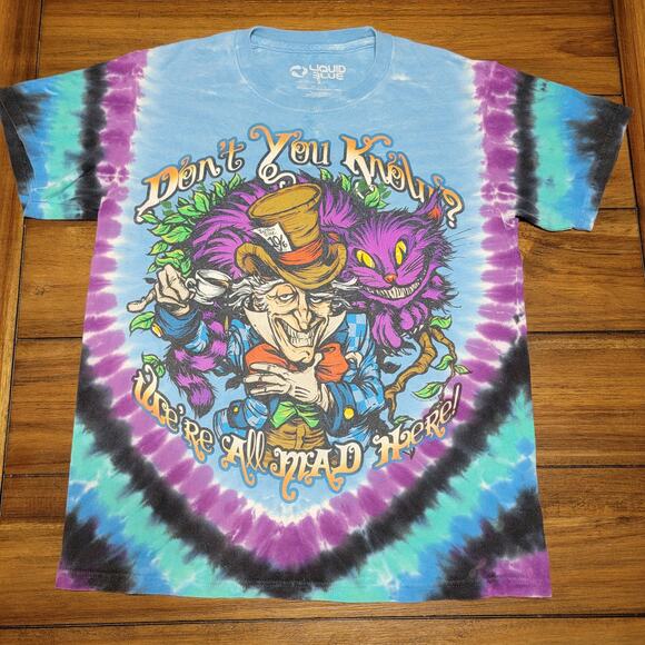 Liquid Blue Tie Dye Unisex Tee "We're All Mad Here" - Size Small - Picture 1 of 4